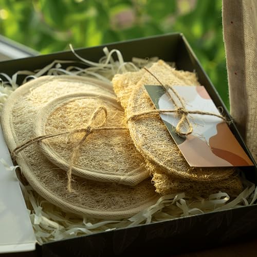 100% Natural Vietnamese Handcrafted Loofah Gift Set, Body Bath Scrubber, Face Exfoliating Sponge, Starter Kit with Gentle Cleansing (1 Box)
