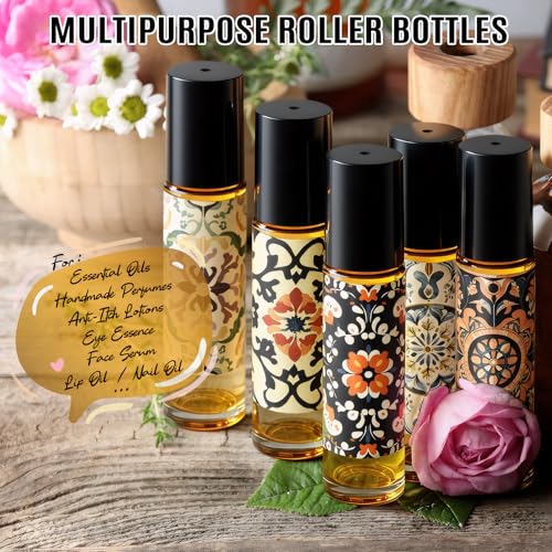Roller Bottles for Essential Oils 8 Pack Roll On Bottles 10ml Amber Glass | Roller Bottle Thick Empty Glass with Oil Perfume Lip Gloss DIY Kits Boho Stickers, Leak-Proof Refillablefor Travel Gift - color: Amber, size: 8 Pack