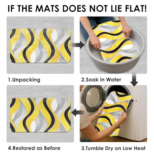 Yellow Striped Shower Curtain Set with Toilet Lid Cover and Non-Slip Rugs for Bathroom, Grey and Black Geometric Lines 4 Pcs Shower Curtain, Modern Yellow Bathroom Set with 12 Hooks - color: Geometric Lines Yellow