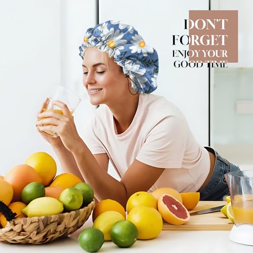 Luxury Shower Cap Adjustable Reusable Double Waterproof Layer Elastic Satin Lined Hair Bath Cap Cute Aesthetic Women Girls (K19-Chrysanthemum) - color: K19-Chrysanthemum