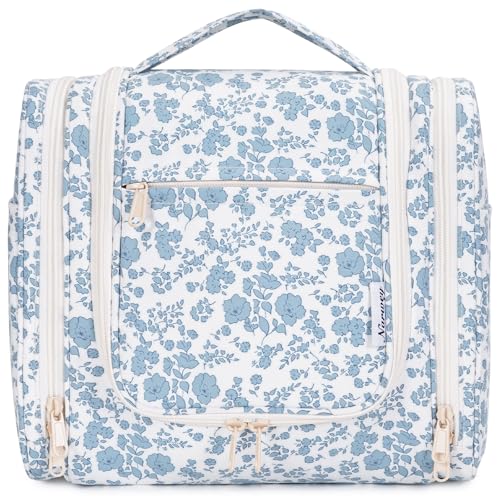 Narwey Hanging Toiletry Bag for Women Travel Makeup Bag Organizer Toiletries Bag for Cosmetics Essentials Accessories - color: Z-Little Blue Flower