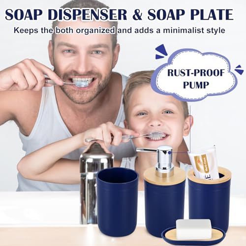 iMucci Bathroom Accessories Set Navy Blue Bathroom Decor Sets with Trash Can,Toilet Brush,Toothbrush Holder, Lotion Soap Dispenser, Soap Dish,Toothbrush Cup,Vanity Tray,Qtip Holder - size: Bath Set, style: Navy Blue
