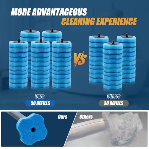 50PCS Toilet Bowl Wand Refills, Replacement Heads for Bathroom Washroom Cleaning Pads, Disposable Toilet Brush Refills Compatible with Household Brushe Scrubber Cleaning Refill Pack Ocean Fresh Blue