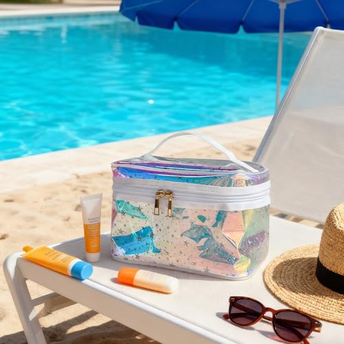 Waterproof Blue Star Print PVC Makeup Bag with Handle - 8.66 * 5.51 * 5.51 inch Travel Cosmetic Organizer for Women Men Toiletry Pouch (Blue Star-L) - color: Blue Star-L