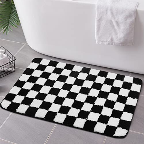 Uphome Bath Mats for Bathroom, Black and White Checkered Machine Washable Bathroom Rug Non Slip, 20x31 Water Absorbent Soft Microfiber Bathroom Mat for Tub, Shower, Floor - size: 20x31 inch