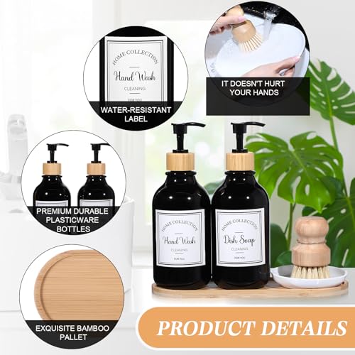 Zopeal 4 Pcs 16 oz Kitchen Soap Dispenser Set with Bamboo Tray and Dish Brush Plastic Soap Dispenser Set with Waterproof Labels for Hand Dish Lotion(Black) - color: Black