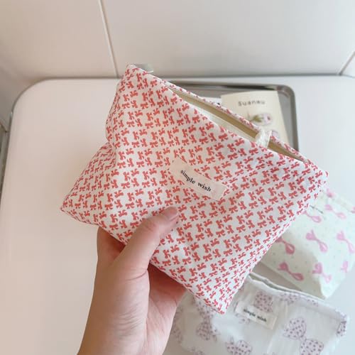Wudygirl Bow Makeup Bag Small Cosmetic Bag Travel Makeup Pouch for Women Cosmetic Pouch Aesthetic Handbag Zipper 8.3" x 5.9"(Little Pink Bow) - color: Little Pink Bow