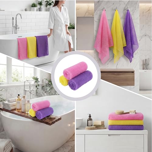 African Bath Sponge African Net Long Net Bath Sponge Exfoliating Shower Body Scrubber Back Scrubber Skin Smoother,Great for Daily Use (Purple,Yellow,Pink) ，3 Pack - color: Purple,yellow,pink
