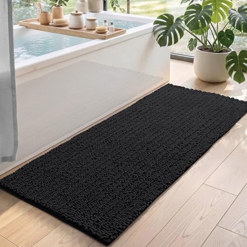 DEXI Bathroom Rugs 60x24, Super Soft Thick Chenille Absorbent Bath Mat, Non Slip Machine Washable Fluffy Shag Bathmat for Tub, Shower Floor, Black - color: Black, size: 60" X 24" (Rectangular)