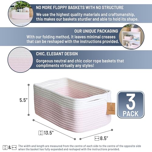 NaturalCozy 13.5”x8.5”x5.5” Rectangle Storage Baskets for Shelves 3 Pack | Cotton Rope Woven Small Baskets for Organizing | Small Storage Bins for Nursery, Bathroom, Closet, Shelf, Decorative - color: Off White & Mixed Pink, size: 13.5" x 8.5" x 5.5"