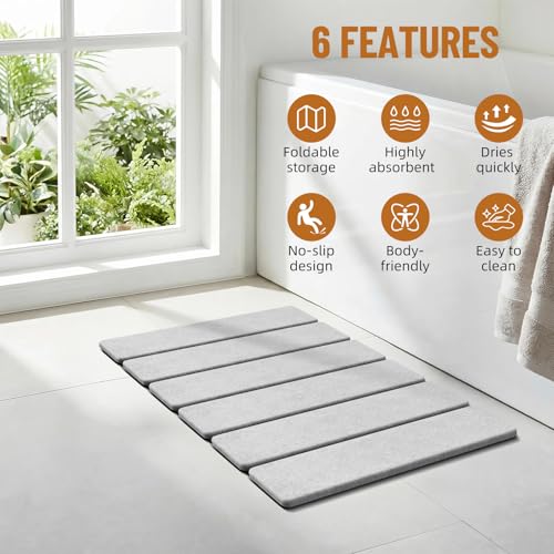 Luxspire Stone Bath Mat Foldable, Quick Drying Diatomaceous Earth Bath Mat for Bathroom, Large Bathroom Rug with Non-Slip Rubber Base, Stone Drying Mat for Kitchen Counter, 24 x 16 in, Light Gray - color: B-light Gray