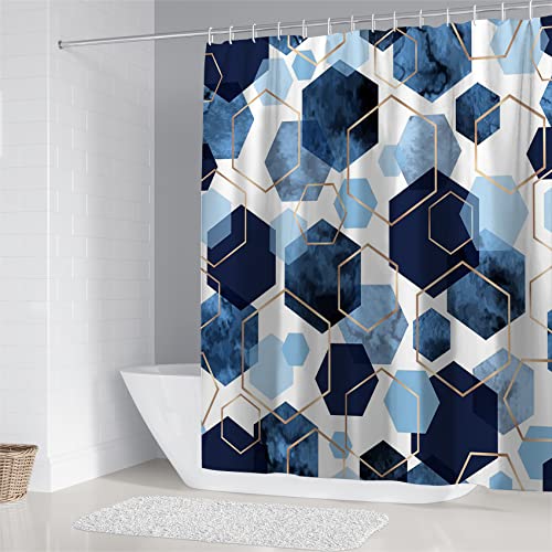 LQCOOL 4Pcs Blue Bathroom Set Geometric Shower Curtain Set Modern Art Shower Curtain for Bathroom with 12 Hooks, Bathroom Carpet Bath Mat and Toilet Rugs - color: Blue Hexagon