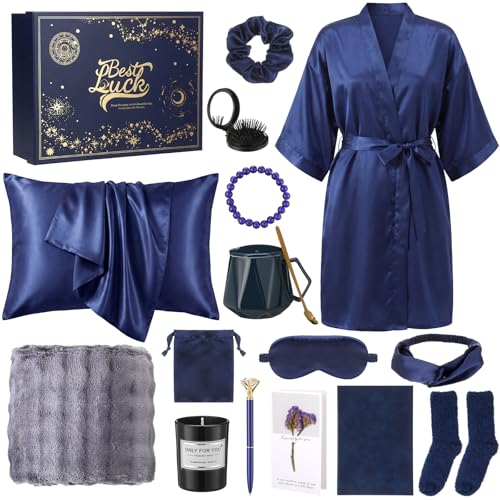 Twistover 16 Pcs Birthday Gifts for Women: Luxury Robe & Blanket Spa Gift Basket for Women -scented Candle, Mug, Notebook, Pillowcase & Spa Accessories(Navy Blue) - color: Navy Blue