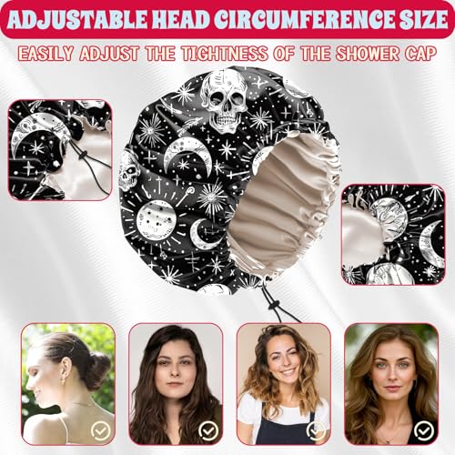 Luxury Shower Cap Satin Lined Reusable Waterproof Double Layer Elastic Adjustable Hair Bath Cap Cute Aesthetic Women Girlss-Skull - color: F5-Skull