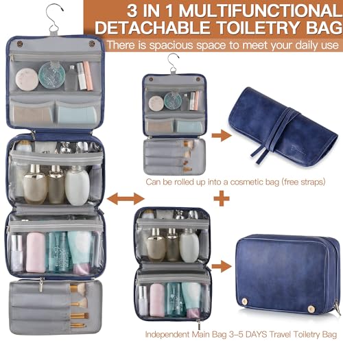 Elviros Hanging Toiletry Bag for Men PU Leather Shaving Dopp Kit (Blue) | 3-in-1 Waterproof Travel Organizer with Separate Compartments for Grooming Items, Toiletries, and Daily Essentials - color: Blue, size: 1 Pack