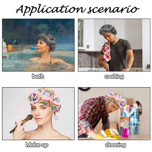 2 PCS Shower Cap Reusable Waterproof Adjustable Double Layer Elastic Dry Hair Bathing Caps Aesthetic Cute for Women Girls-Butterfly Rainbow - color: H-10-Butterfly Rainbow