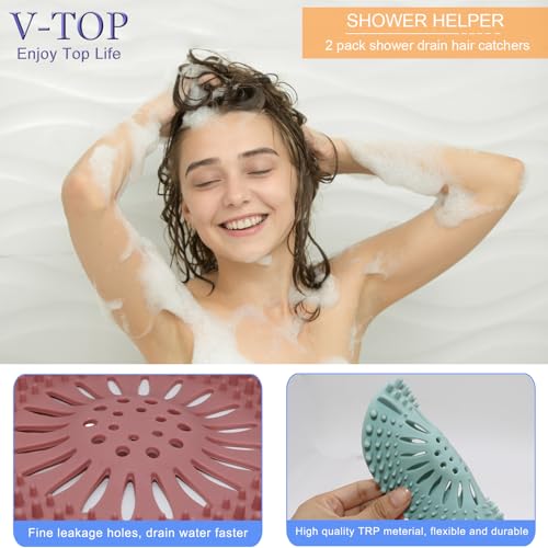 Shower Drain Hair Catcher Tub Stopper, V-TOP Drain Cover for Shower to Catcher Hair, Silicone Bathtub Drain Plug Suit for Bathroom Kitchen and Laundry, 4 Pack - color: 6" White & Gray & Green & Pink