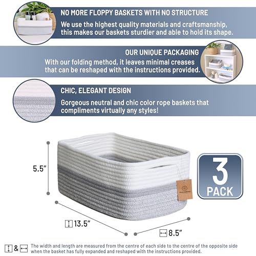 NaturalCozy 13.5”x8.5”x5.5” Storage Baskets for Shelves 3 Pack | Cotton Rope Woven Small Baskets for Organizing | Small Storage Bins for Nursery, Bathroom, Closet, Cube Shelf, Decorative, Gift - color: Off White & Gray & Mixed Gray, size: 13.5" x 8.5" x 5