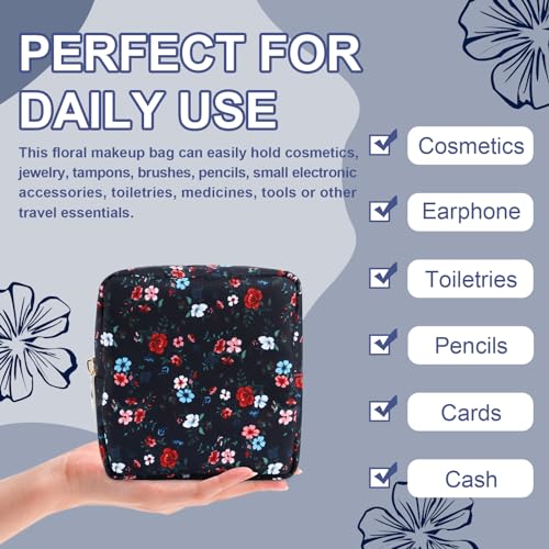 UIXIZQ Waterproof Mini Floral Makeup Bag Pouch for Purse,Nylon Flower Cosmetic Travel Bag Small Preppy Toiletry Organizers Bag for Women Girl,Cute Zipper Pouch Coin Purse for Work(Mini Black-Flowers) - color: Black-Flowers, size: Mini