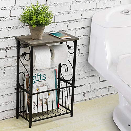 MyGift Toilet Paper Roll Holder Stand and Magazine Organizer Rack with Gray Solid Wood Display Shelf, Freestanding Bathroom Storage, Scrollwork Black Metal - color: Gray