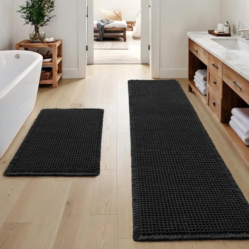 MIULEE Set of 2 Waffle Bathroom Rugs, Boho Bath Rugs Non Slip Washable, Super Absorbent Bath Mats, Ultra Soft Rubber Backed Shower Mats for Bathroom Floor, Tub and Shower, Black, 17"x24"+17"x48" - color: Black, size: 17''x24'' + 17''x48''