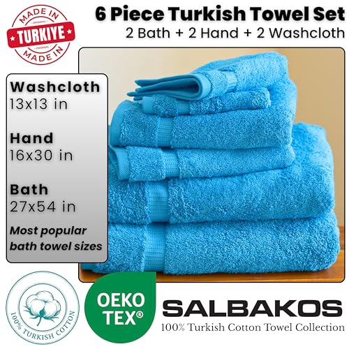 SALBAKOS 100% Turkish Cotton 6-Piece Towel Set | Heirloom Quality Hotel & Spa Collection | Soft, Super Absorbent 2 Washcloth, 2 Hand, 2 Bath Towel Sets | Made in Turkey (Aqua, 6 Piece Towel Set) - color: Aqua, size: 6 Piece Towel Set