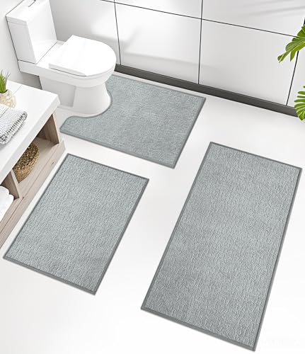 chakme Bathroom Rug Sets 3 Piece, Ultra Thin Quick Dry Bath Mat Set, Absorbent Bath Mat for Bathroom Non Slip Machine Washable, (Light Grey, 3 Piece) - color: Light Grey, size: 3piece