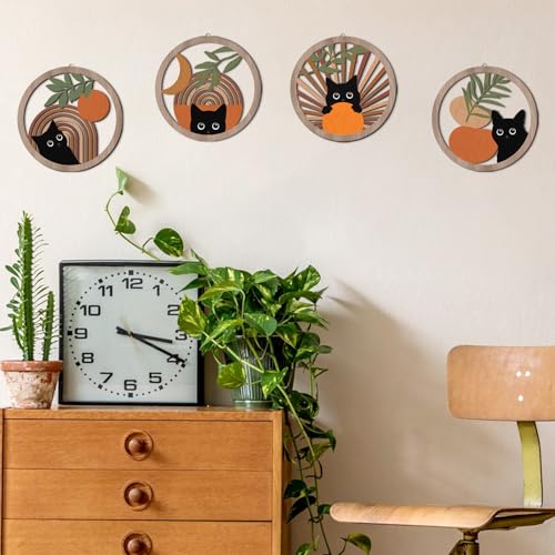HPNIUB Boho Black Cat Wall Decor, Farmhouse Geometric Hanging Wooden Wall Art, 4 Pieces 10''x10'' Mid Century Bohemian Abstract Moon and Sun Wood Sign for Nursery Bedroom Decoration, Lovely Cat Gifts - color: Cat style A