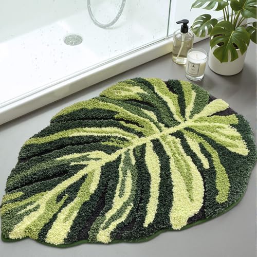 DEXI Leaf Bathroom Rugs Monstera, 31.5x23.5 Soft Fluffy Cute Bath Mat with Non Slip Backing, Washable Absorbent Bath Rug Quick Dry for Shower Floor, Toilet, Bedroom, Kids Room - color: Ample Monstera Deliciosa