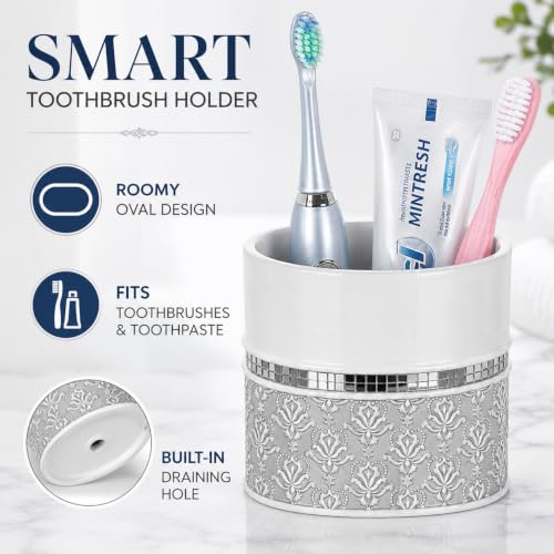 Creative Scents Mirror Damask White & Gray 4 Piece Bathroom Accessories Set | Bathroom Set Includes: Soap Dispenser, Soap Dish, Toothbrush Holder & Tumbler - color: 4 Piece Set
