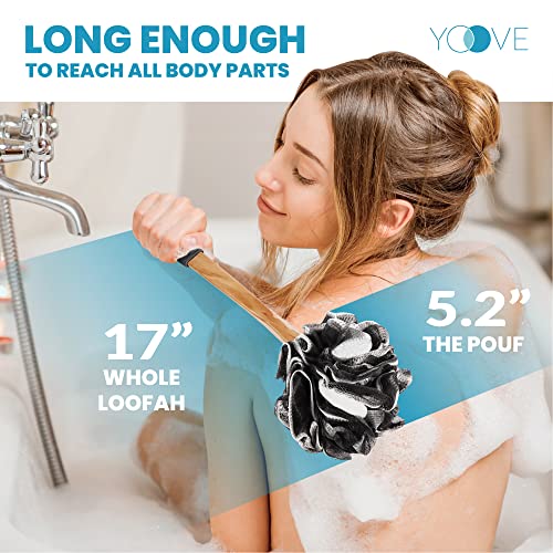 Bamboo Charcoal Infused Back Scrubber - Loofah with Handle | Exfoliating Shower Loofah for Men & Women - Features 1 Loofah on a Stick, 1 Loofa Pouf; Includes Hook (Black) - style: Black