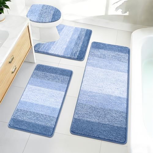 Bsmathom Bathroom Rugs Sets 4 Piece, Soft Absorbent Microfiber Bath Rugs with U-Shaped Contour Toilet Rug and Toilet Lid Cover, Thick Non-Slip Plush Shaggy Bath Mat Set,Light Blue - color: Light Blue, size: 18"x26"+18"x48"+U20"x24"+Cover19"x21"