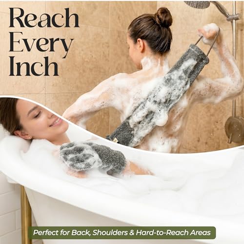 Body Scrubber Set – Back Scrubber Strap & Exfoliating Glove, 3 Piece Shower Kit with Mesh Laundry Bag for Easy Machine Washing, Gentle Cleansing & Smooth Skin – DelecoRon