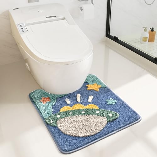 Cute Toilet Rug U Shaped, Microfiber Bathroom Toilet Rugs Non Slip Bath Mat Toliet Rug Machine Washable Absorbent Bathroom Rugs 20 x 22 Inches, Rocket - color: Flying Saucer