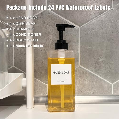 Clear Soap Dispenser with Waterproof Labels, Thickened Plastic Hand Soap Dispenser for Bathroom, Kitchen Dish Washing Liquid Bottles, Shampoo and Conditioner Bottles with Funnel (22oz 4Pack Clear) - color: 22oz 4pack Clear