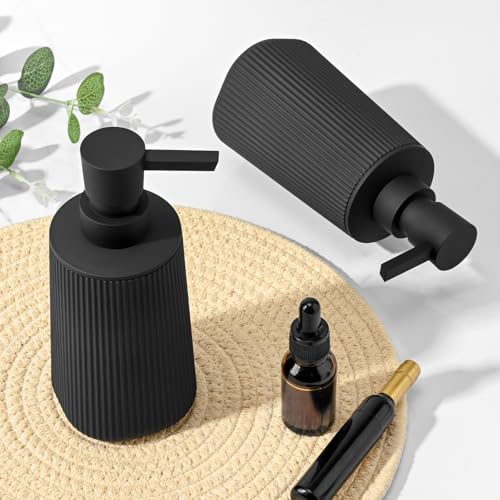 Black 2 Pack Hand Soap Dispensers Set with No Rust Pump for Bathroom and Kitchen Countertops Refillable Matte Striped Plastic 8.5 oz - color: Black Set of 2