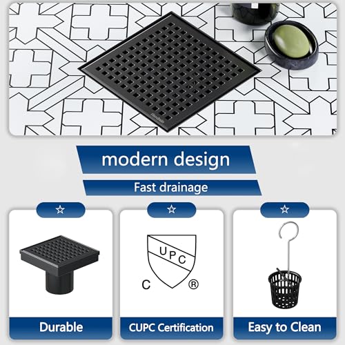 Neodrain Matte Black Square Shower Drain with Removable Quadrato Pattern Grate, 304 Stainless Steel Square Drain, CUPC Certified, with Hair Strainer and Lifting Hook (Matte Black, 4 in) - color: Matte Black, size: 4 IN