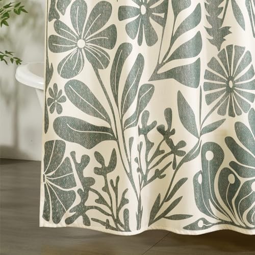 RoomTalks Vintage Floral Faux Linen Shower Curtain Extra Long 78 Inches - 210GSM Heavy Duty Modern Farmhouse Matisse Flowers Plants Botanical Shower Curtain Set Aesthetic Bathroom Decor - color: Beige and Greenish, size: 72"W x 78"L (Pack of 1)