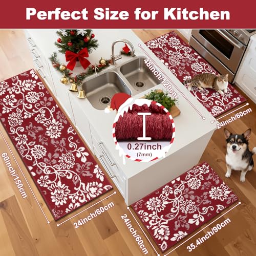 LOKHOM Kitchen Rugs Sets of 3, Non Slip High-Low Textured Red Kitchen Mats for Floor with Rubber Backing, Paisley Floral Washable Carpet Runner for Hallways Sink Holiday Decor (Red & White) - color: Red, size: 24"x35"+24"x48"+24"x60"