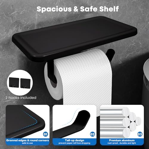 Toilet Paper Holder with Shelf, Space Aluminum TP Roll Holder, Self Adhesive & Screw Wall-Mounted Toilet Tissue Rack for Smaller Bathroom Washroom Restroom Kitchen (2 Hooks Included) - Black