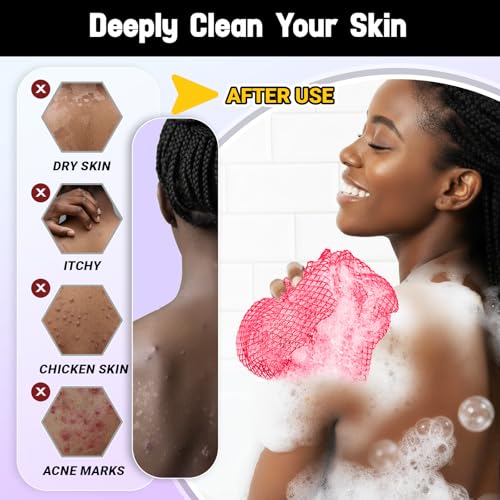 African Net Sponge Authentic 2 Pieces Gentle Exfoliating Body Scrubber Bath Sponges for All Skin Types, African Exfoliating Net Sponge with Handles Washcloth Loofah Bathing Accessories for Shower - style: Light Rose Pink, Purple