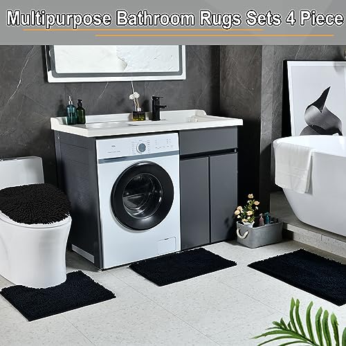 Bathroom Rugs Sets 4 Piece, Extra Soft Absorbent Chenille Bath Rugs, Non Slip Rubber Backing Machine Washable Quick Dry Bath Mats for Bathroom Floor, Tub, Shower, Home Decor Accessories, Black - color: Black