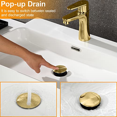 TIORIY Pop up Bahtroom Sink Drain with Overflow, Brushed Gold Vessel Sink Drain for Bathroom Assembly, Anti Clogging Bathroom Sink Stopper, Suit for 1 3/4 Hole - color: With Overflow Brushed Gold