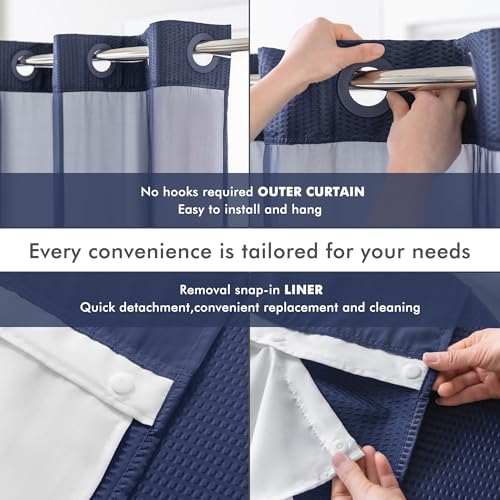 Mrs Awesome No Hook Shower Curtain with Snap-in Liner, Embossed Waffle Design Fabric Shower Curtain for Bathroom, Soft & Lightweight, 71x74, Navy Blue - color: Navy Blue, size: 71"W x 74"L (Pack of 1)