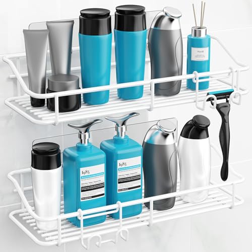 Nieifi Shower Caddy Shelf with Hooks Storage Rack Organizer Adhesive Stainless Steel Without Drilling for Bathroom, Lavatory, Washroom, Restroom, Shower, Toilet, Kitchen - 2 Pack (White) - color: White, size: 2 Pack