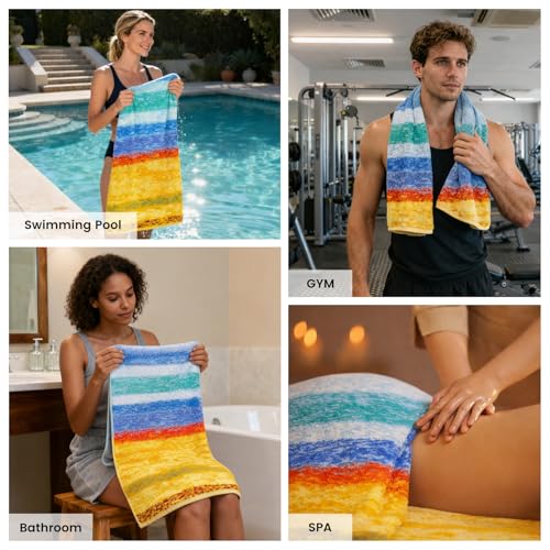 8-Piece Cotton Bath Towel Set for Bathroom, Hanging Loops, Colorful Striped | Complete starter set for daily showers, sink-side use, small bathrooms, and guest baths, OEKO-TEX certified, easy care - color: C05: Colorful - Wheatfield