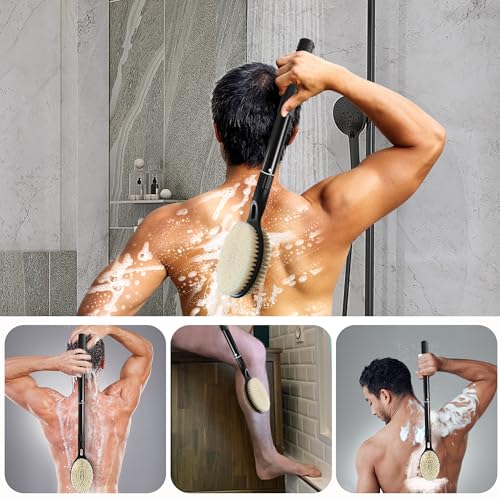 Gobiteli Back Scrubber with Soft and Stiff Bristles, 17''-25'' Long Handle Dual-Sided Shower Brush for Body for Deep Cleaning