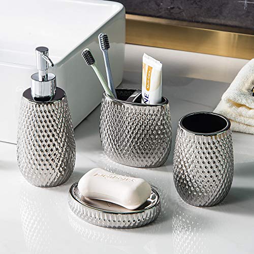Silver Bathroom Accessory Set 4 Piece Ceramic Bath Accessories Sets Complete, Rain- Drop Shaped Bathroom Essential with Toothbrush Holder & Dish, Tumbler, Soap Dispenser Set for Bath Decor - color: Sliver01