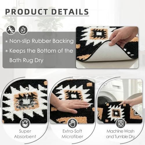 Arttown Black Boho Aztec Vintage Bathroom Rug Set 2 Piece Fluffy Microfiber Bathroom Mat Non-Slip Water Absorbent Bath Rug Soft Washable Floor Rug for Tub Showers Laundry Room Decor (16"x24"+20"x32") - color: Black Brown