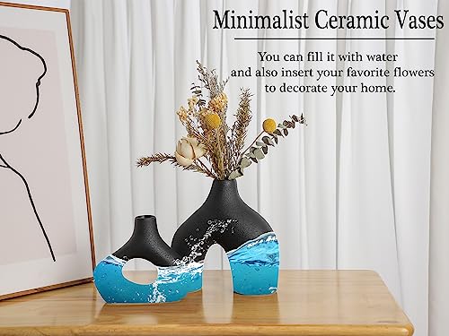 CEMABT Black Ceramic Vase Set of 2 for Modern Minimalist Bohemian Decor，Round Matte Donut Vases for Pampas Grass-Perfect for Living Room, Dining Table, Office Bedroom Shelf Decor Entryway, Console - color: Black